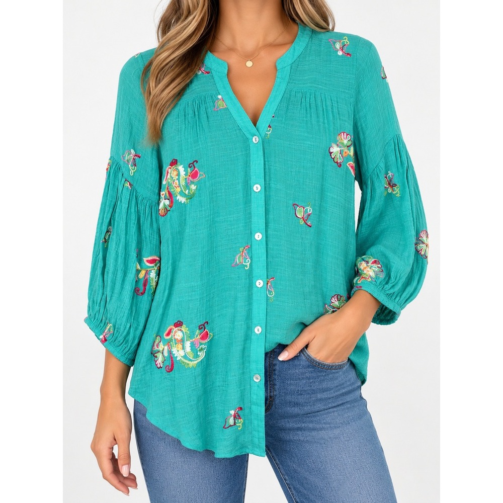 Figueroa & Flower Teal Embroidered Boho Blouse Balloon Sleeve Top Large